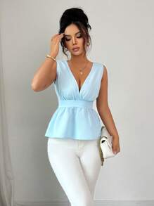 Chiquease Camiseta de tirantes sin mangas de cuello en V profundo de unicolor minimalista para mujer - Azul - Ver 1