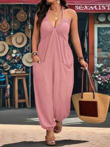 SHEIN LUNE 加大码 V 领纹理面料连体裤，带口袋和松紧腰带，适合休闲、居家、度假