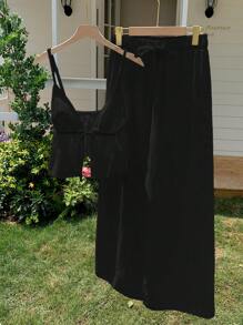 Comfortcana Bộ 2 món áo ba lỗ vải lanh cotton đen và quần dài cho nữ, dành cho mùa hè - màu đen - Xem 6