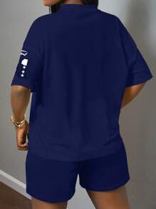 Slaydiva 2pcs Women Casual Letter Print Short Sleeve T-Shirt And Shorts Sports Set, Summer - Multicolor - View 2