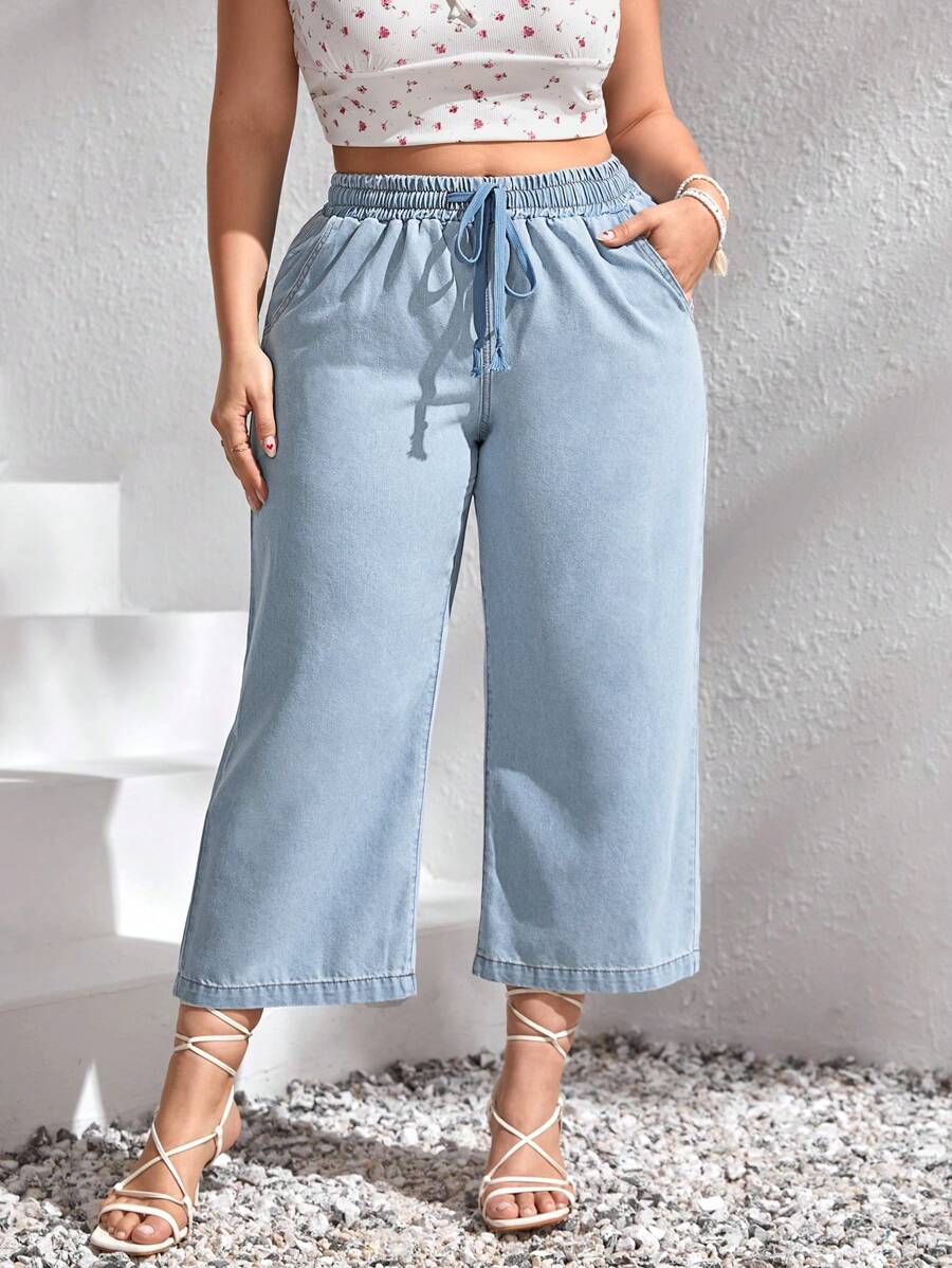 SHEIN CURVE+ Plus Size Women Autumn Drawstring Waist Jeans - Light Wash - View 1