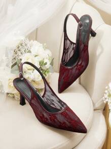 CUCCOO HITCHD 女士刺绣蕾丝尖头猫跟中跟优雅浪漫酒红色网纱蕾丝高跟凉鞋，伴娘礼服鞋，婚礼、派对、万圣节 - 酒紅色 - 查看 1