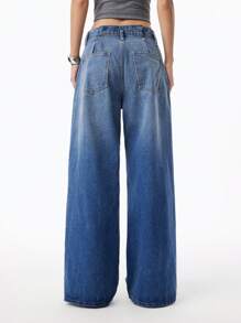 LYSMO 女士休闲宽松水洗阔腿牛仔裤 - 藍色 - 查看 2