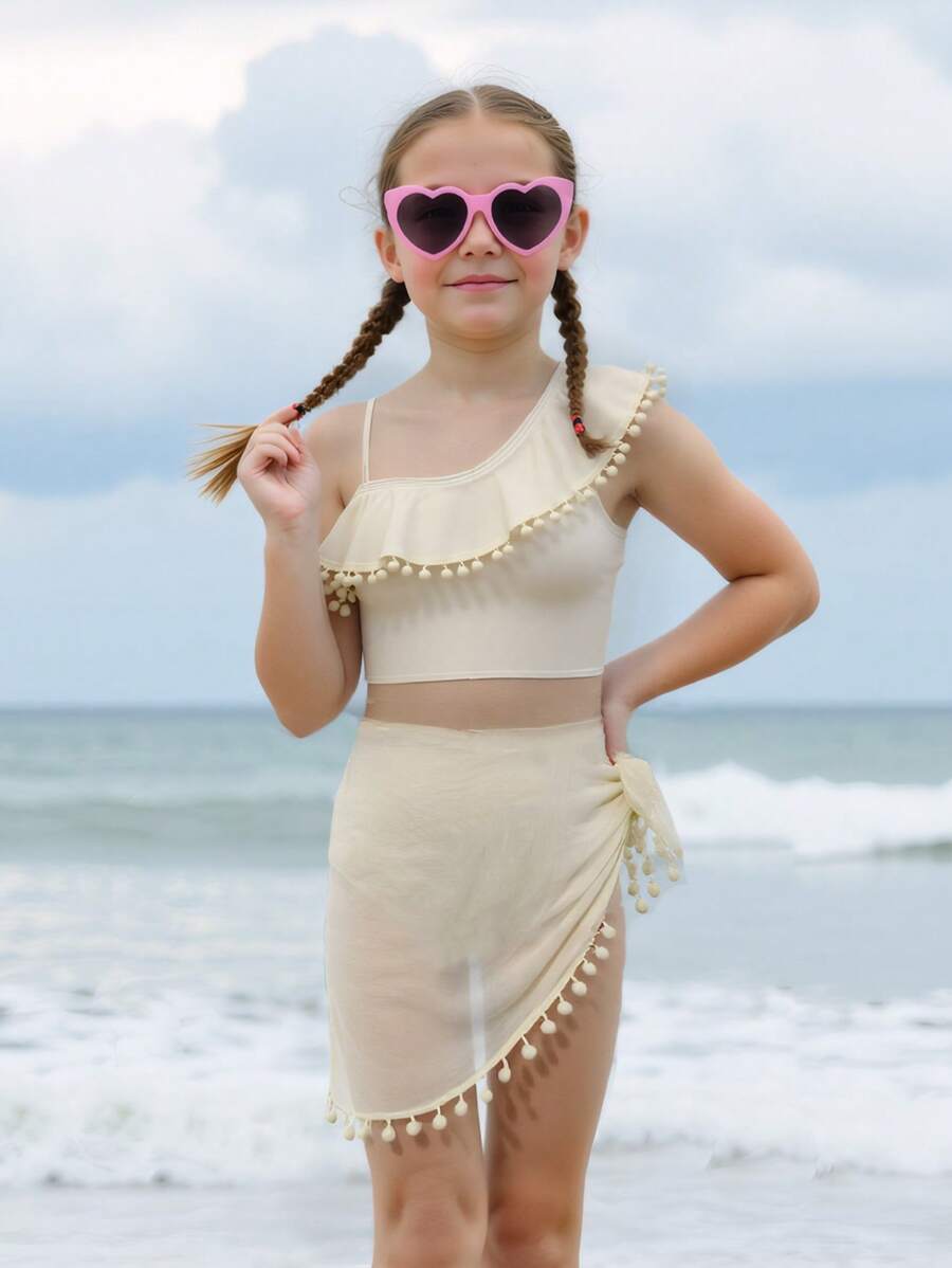 3 PiecesGirls Vacation Beach Bikini Set With Skirt, White - Beige - View 1