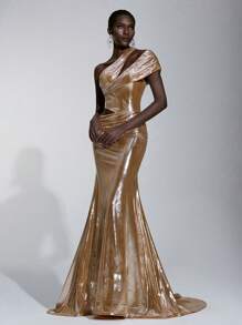 Elitara Vestido elegante, romántico, sexy, minimalista, de color dorado, con tela recubierta, asimétrico en los hombros, con recortes, drapeado, de silueta ceñida, con cola de pez, con cola drapeada, de moda, sensación en internet, para fiestas, vacaciones, cumpleaños, bodas y eventos formales - Dorado - Ver 8