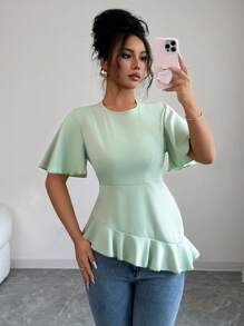 Elenzga Blusa/camisa de mujer de verano de seda de color verde claro, con elegante diseño de volantes asimétricos y cintura fruncida - Verde - Ver 3