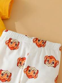 SHEIN 4pcs Baby Boys' Casual Daily Wear Basic Home Cute & Fun Lion Printed Bodysuit And Long Pants Set With Hat & Gloves, Spring/Summer - Yellow - View 3