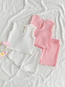 SHEIN 4pcs Baby Girls Pink Summer Cute Vacation Outfit Set,Butterfly Embroidered Crew Neck Sleeveless Knit Vest Top And Matching Shorts,Fresh Sweet Style - Multicolor - View 2