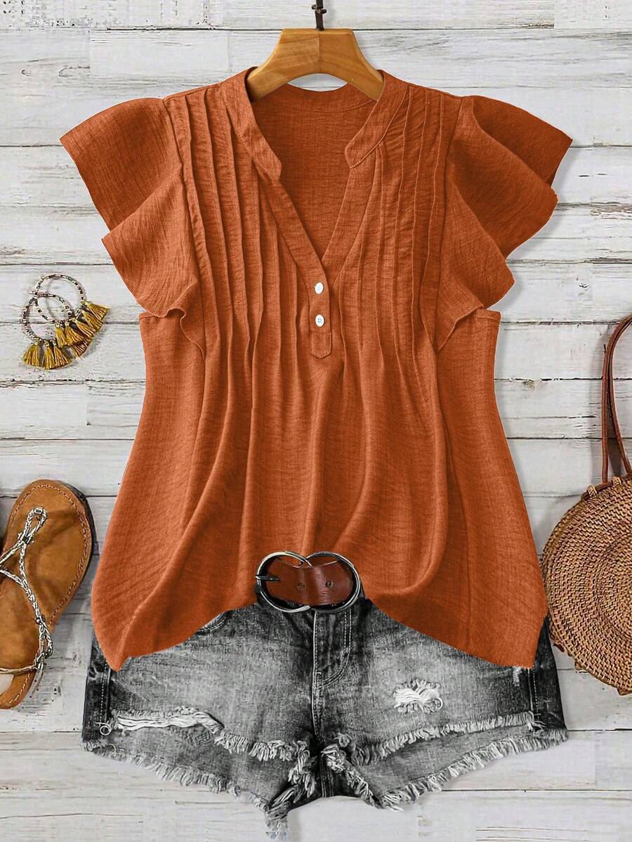 Linhara 大码女式 LUNE 纽扣装饰休闲度假衬衫 - 橘色 - 查看 1