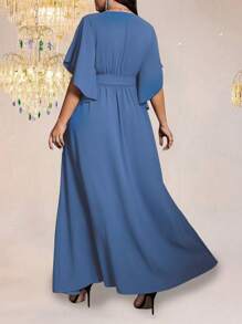 Auvina Plus Size Women V-Neck Flare Short Sleeve Tie Waist Ruffle Slit Elegant Party Maxi Dress - Dusty Blue - View 2