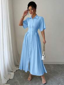 Elenzga Vestido largo con diseño de solapa y borde abullonado, azul - Celeste - Ver 5