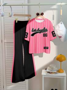 SHEIN Tween Girls Casual Minimalist Short Sleeve Top And Long Pants 2 Pieces Set, Suitable For Summer - Multicolor - View 2