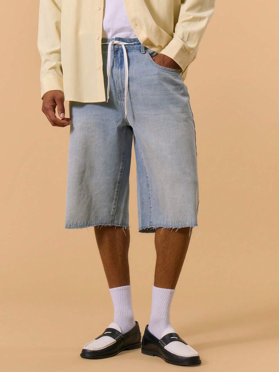 LongLine Washed Denim Shorts Distressed Style Shoelace Belt Detailing Summer Spring Holiday Vacation