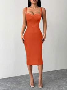 SHEIN PETITE 开叉后背紧身蓝色修身胸围及臀中长连衣裙 - 亮橙色 - 查看 4