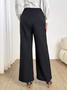 Modelyn Pantalones rectos de diseño de panel elegante azul marino para mujer - Iron Gray - Ver 2