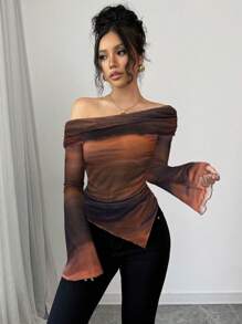 Firerie Top pentru femei, cu umeri goi, imprimeu ombre, mânecă lungă, tiv asimetric, potrivit pentru primăvară/vară, plajă, sexy, stațiune, plajă, boho, Hawaii, festival de muzică