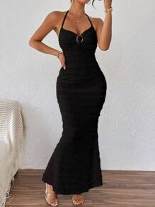 SHEIN PETITE 纹理前襟装饰挂脖女式美人鱼长裙女装 - 黑色 - 查看 4