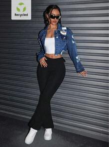 Chaqueta de mezclilla desgastada y lavada, de moda para el verano - Azul lavado oscuro - Ver 3