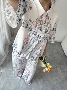 Chiquease Women's Elegant Floral Print Vacation Fresh Comfortable Top And Straight Leg Pants Set