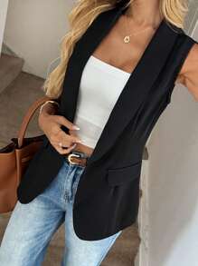 Easowa 秋冬季夏季女式纯色无袖系带前开襟西装外套 - 黑色 - 查看 5