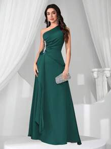 Coutiva New Fashionable Elegant Fitted Asymmetric Collar Sleeveless Dress - Dark Green - View 3
