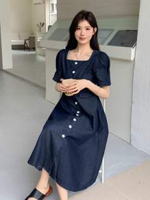 DAZY 女式优雅荷叶边袖牛仔中长连衣裙，春夏，返校服装 - 藍色 - 查看 6