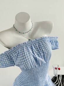 Chiquease Women's Summer Off-Shoulder Frill Hem Plaid Belted Midi Dress