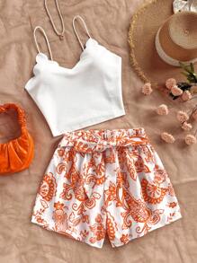 Soleia 2 piezas Conjunto de pantalones cortos y top de mujer de verano, pantalones cortos azules retro con estampado y top de tirantes con adorno de teñido anudado, pantalones cortos holgados de cintura elástica con estampado floral, conjunto de ropa de verano de 2 piezas para vacaciones - Naranja - Ver 4