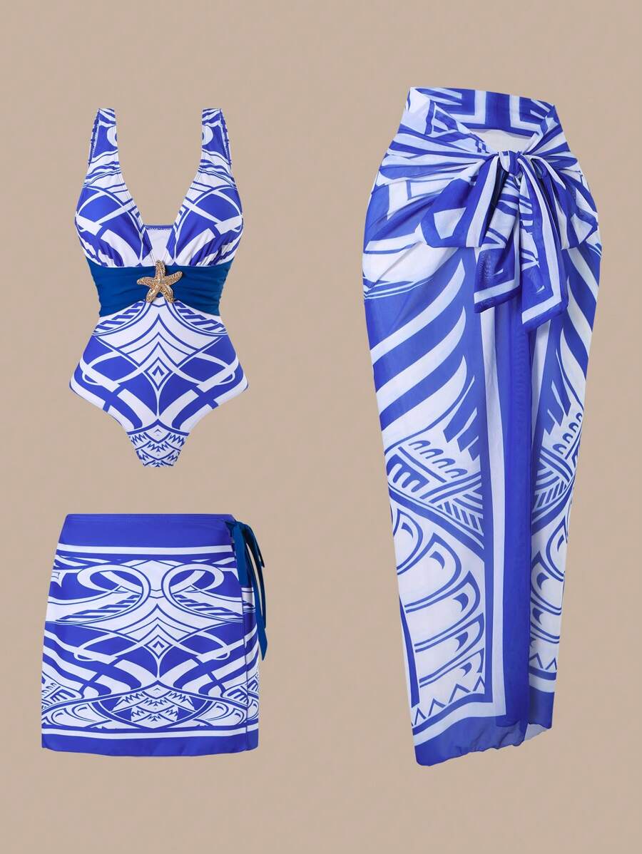 Swim Oasis Nuevo conjunto de baño de verano 2025 de 3 piezas para mujer, que incluye traje de baño de una pieza con estampado de posicionamiento, falda y falda larga de malla para vacaciones en la playa - Azul y blanco - Ver 1
