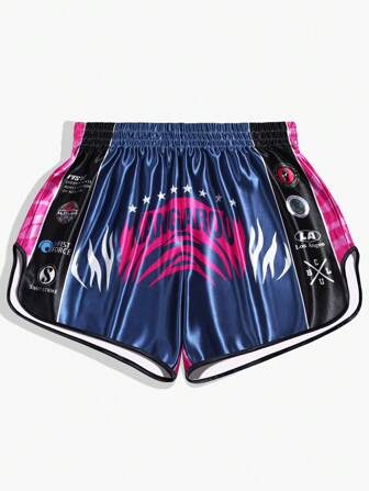 Prep Pantalones cortos deportivos de boxeo con estampado de letras oscuras para hombres