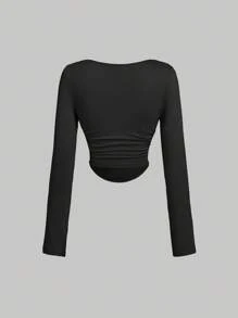 SHEIN MOD 3 件女式褶皱休闲方领长袖 T 恤套装，保暖服装，秋季女装，外出上衣，假日女装，新年，红色上衣 - 紅色 - 查看 8