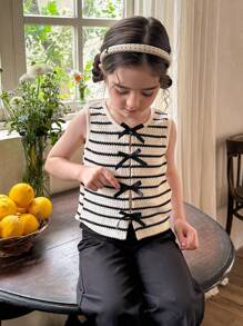 LMoss Kids LMoss  Young Girl Knit Striped Bow Embellished Fitted Camisole Girls Striped Top Kids Sleeveless Top Bow Top For Girls Cute Summer Top For Kids Girls Knitted Top Girls Sleeveless Top Kids Summer Top Striped Top For Girls Knitted Top For Girls