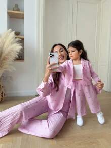 SHEIN Babygirl 可爱度假休闲百搭粉色和白色条纹蝴蝶结长袖上衣和松紧腰长裤套装