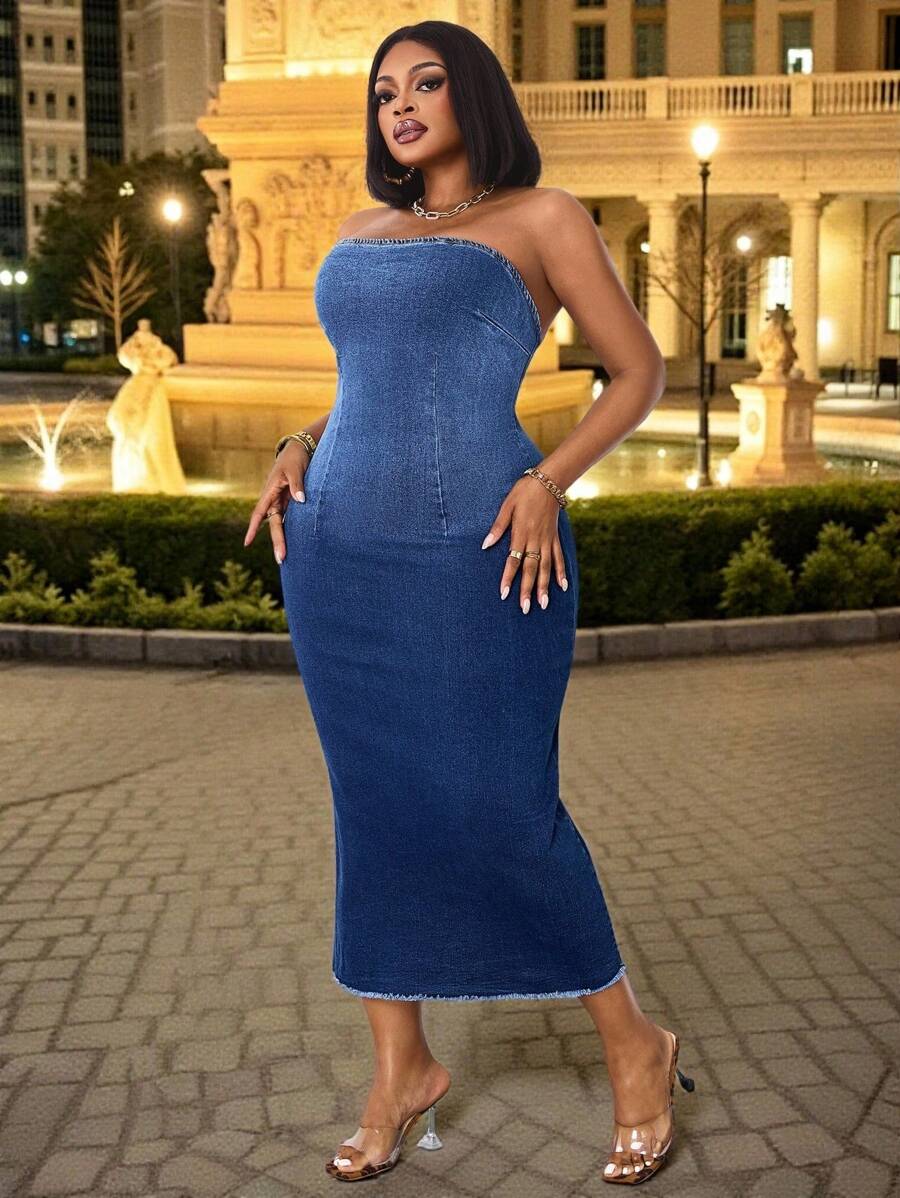 Slaydiva 加大码女式波西米亚风牛仔弹力性感抹胸连衣裙，优雅夏日度假装 - 藍色 - 查看 1