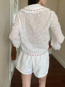 SHEIN EZwear 2pcs/Set Women's White Embroidery Tied Long Sleeve Top And Shorts Set - White - View 2
