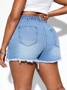 SHEIN CURVE+ 女式大码破洞牛仔短裤，牛仔风，秋季 - 淺色水洗藍 - 查看 2