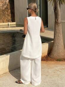 Livesso 2 件套女式纯色休闲长款背心和阔腿裤套装，度假装，夏季 - 白色 - 查看 2