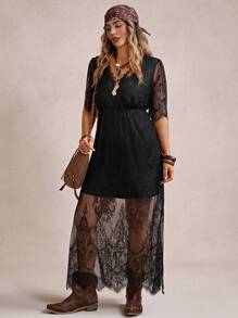 Freevana Vestido de encaje de unicolor con abertura alta, estilo vacacional de festival de música country de verano, regalo del Día de la Madre, ropa para Pascua, atuendo de vacaciones para mujeres, atuendo de concierto para mujeres, vestidos de graduación para mujeres