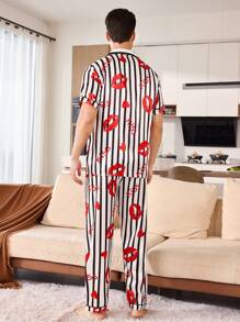 Men's Satin Lip Print Stripe Pattern Pajama Set - Black and White - View 2