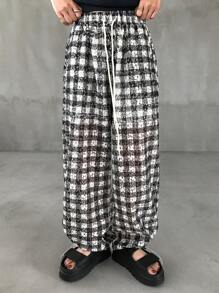 FRIFUL Pantalones de pierna ancha con estampado a cuadros en contraste y cordón ajustable en la cintura para mujer