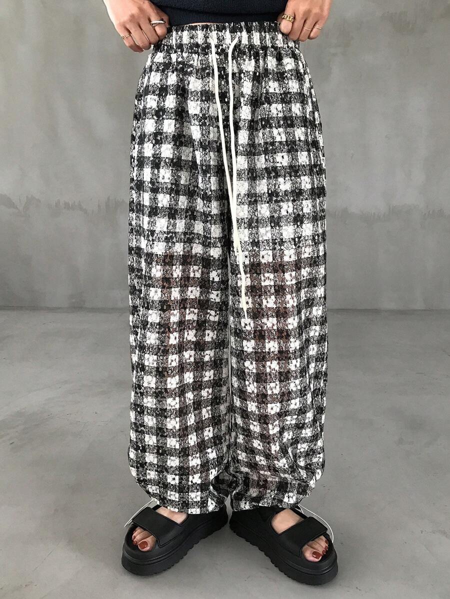 FRIFUL Pantalones de pierna ancha con estampado a cuadros en contraste y cordón ajustable en la cintura para mujer