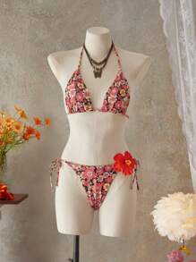 SHEIN Swim 2件套碎花比基尼套装，适合旅行和海滩 - 彩色 - 查看 3