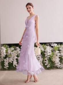 MOTF Soiréza APPLIQUES CONTRAST MESH MERMAID HEM COCKTAIL DRESS - Purple - View 3