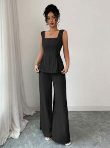 Elenzga 2025春夏新款2件套：方领吊带背心+阔腿裤，优雅休闲搭配套装 - 黑色 - 查看 4