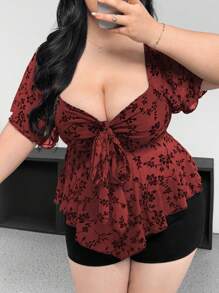 Vibekara Große Größen Gothic Stil Bluse mit Quadratausschnitt, Spitze und Rüschenärmeln - Bordeaux - Übersicht 1