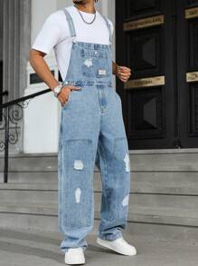 Manfinity Homme Men's Letter Print Distressed Casual Versatile Denim Bib Overalls Hang Out Street Work Urban