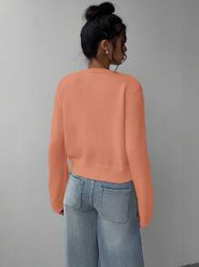SHEIN BASICS Casual Solid Color Round Neck Long Sleeve Loose Cropped Women Knitted Cardigan,Tops For School In Fall/Winter - Orange - View 2