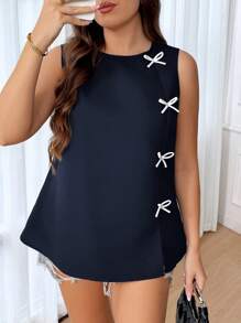 CosyJoli Áo thun cổ tròn không tay in nơ cỡ lớn - Màu xanh hải quân - Xem 6