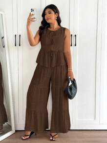 Lounesse Bộ trang phục nữ 2 mảnh thường ngày đa năng xếp lớp viền bèo nhún cỡ lớn, áo cánh nữ + quần dài, thích hợp mặc hàng ngày và đi nghỉ ở bãi biển - màu nâu - Xem 6