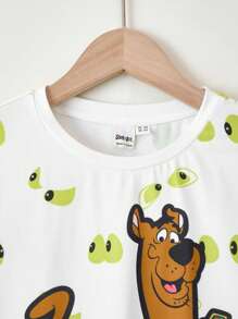 SCOOBY-DOO X SHEIN 青少年男孩卡通眼睛图案白色休闲百搭短袖 T 恤和黑色宽松短裤套装，夏季 - 黑與白 - 查看 3